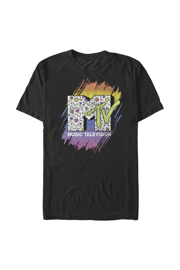 Men's MTV 80s Print Pattern Logo Graphic Tee Black Large