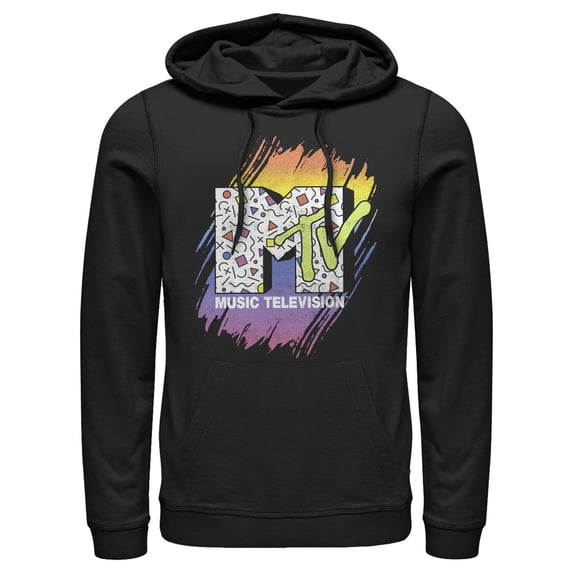 Men's MTV 80s Print Pattern Logo Pull Over Hoodie Black Medium