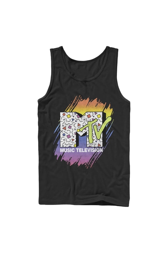 Men's MTV 80s Print Pattern Logo Tank Top Black Large