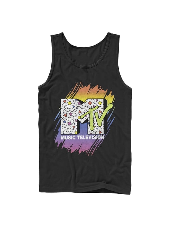 Men's MTV 80s Print Pattern Logo Tank Top Black Large