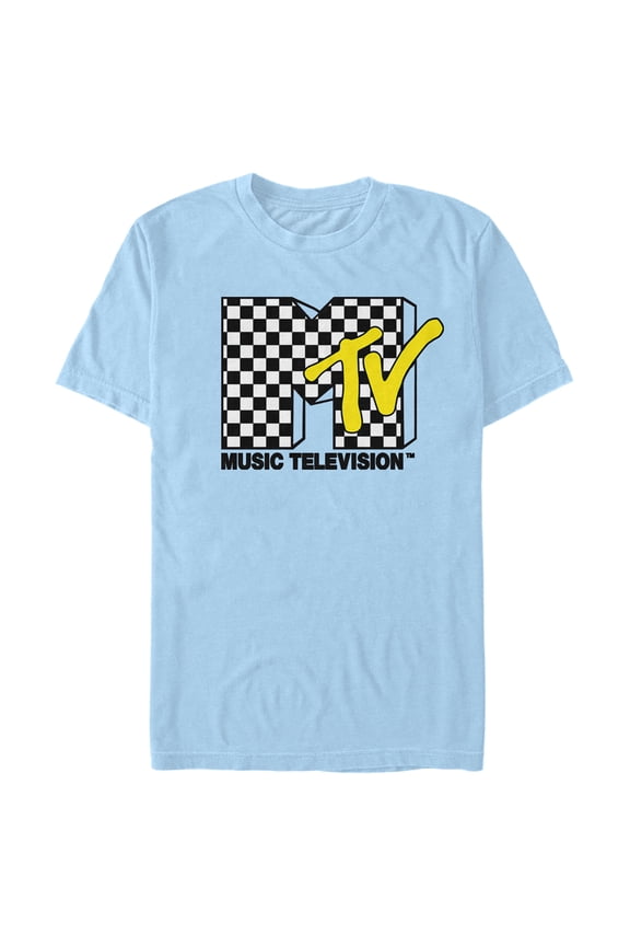 Men's MTV Checker Black and White Logo Graphic Tee Light Blue Medium