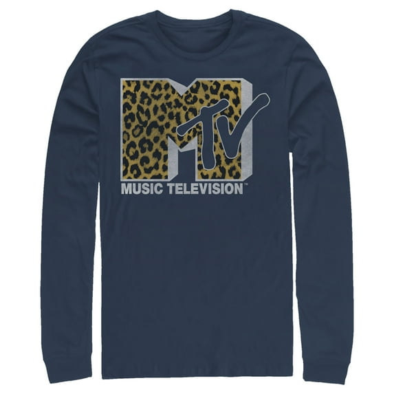 Men's MTV Cheetah Print Logo Long Sleeve Shirt Navy Blue 2X Large