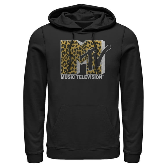Men's MTV Cheetah Print Logo  Pull Over Hoodie Black Medium