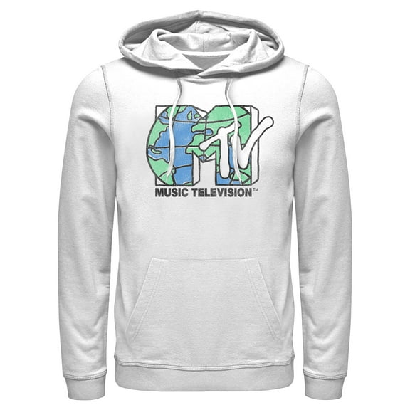 Men's MTV Distressed Earth Day Logo Pull Over Hoodie White X Large