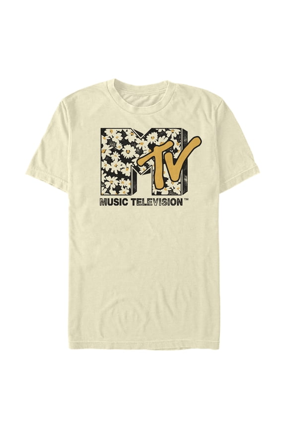 Men's MTV Floral Print Logo  Graphic Tee Beige Small