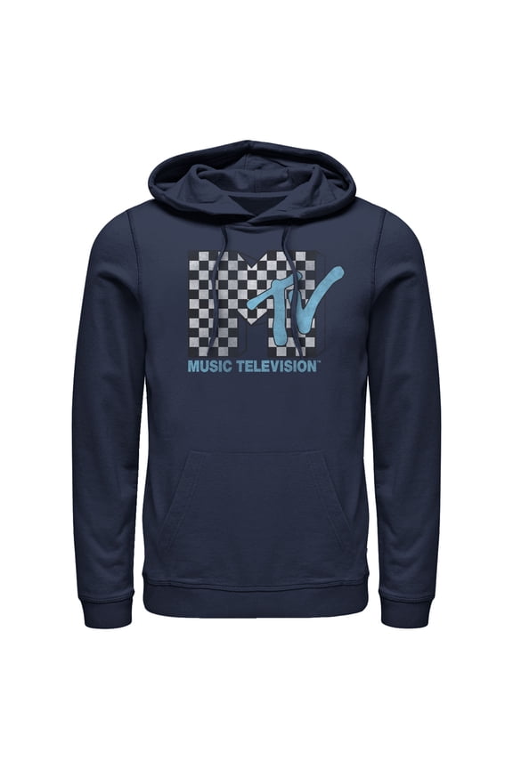 Men's MTV Checkered Logo Pull Over Hoodie Navy Blue Large