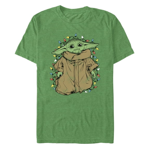 Men's Mad Engine Grogu Heather Kelly Green The Mandalorian Tangled Lights Graphic T-Shirt
