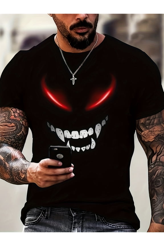 Men's Magic Smile Printed T-Shirt - Short Sleeve, Top Sleeve, Devil Face, Smile Case, Version, Compatible with Daily Wear, Year-round Use, Versatile