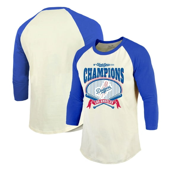 Men's Majestic Threads Cream/Royal Los Angeles Dodgers 2025 World Series Champions Raglan Softhand 3/4-Sleeve T-Shirt