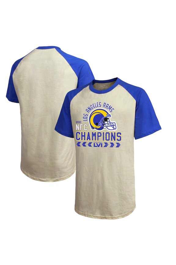 Men's Majestic Threads Cream/Royal Los Angeles Rams 2021 NFC Champions Raglan T-Shirt