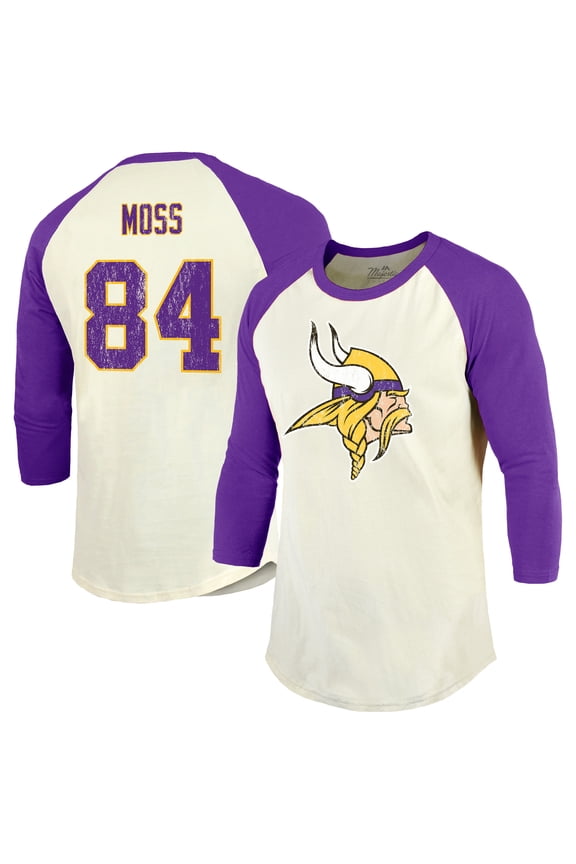 Men's Majestic Threads Randy Moss Cream/Purple Minnesota Vikings Retired Player Name & Number 3/4 Raglan Sleeve T-Shirt