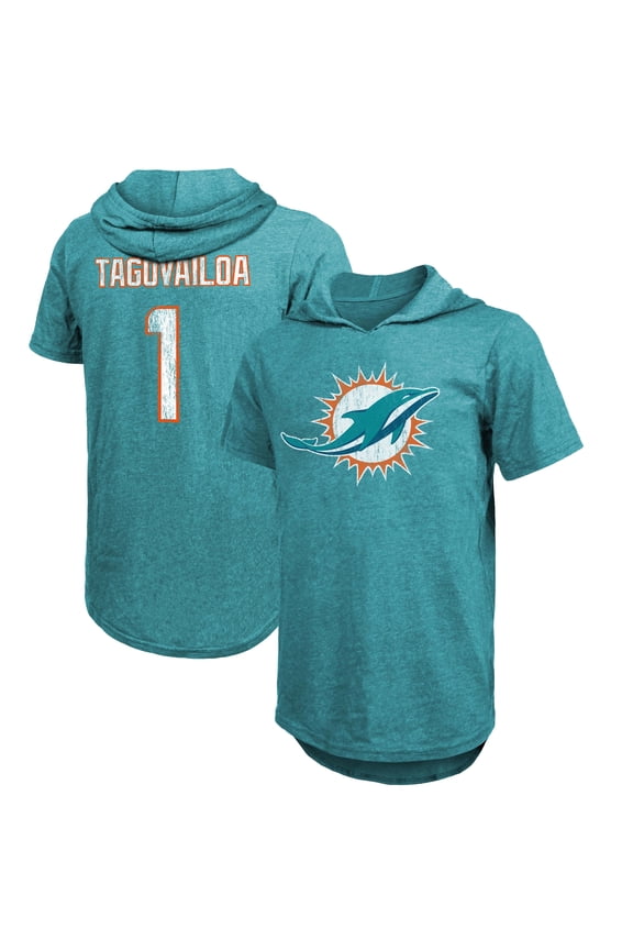 Men's Majestic Threads Tua Tagovailoa Aqua Miami Dolphins Player Name & Number Tri-Blend Slim Fit Hoodie T-Shirt