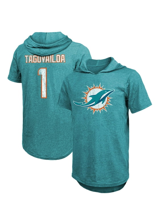 Men's Majestic Threads Tua Tagovailoa Aqua Miami Dolphins Player Name & Number Tri-Blend Slim Fit Hoodie T-Shirt
