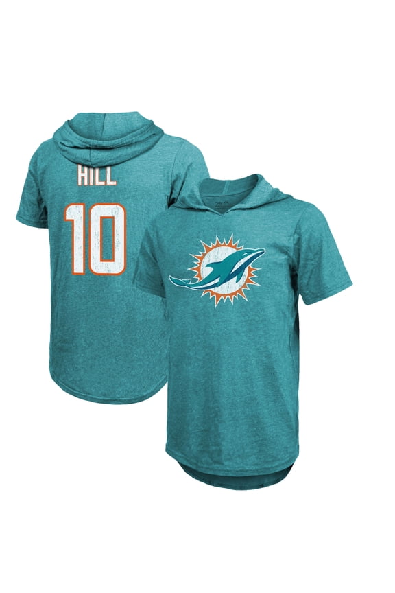 Men's Majestic Threads Tyreek Hill Aqua Miami Dolphins Player Name & Number Short Sleeve Hoodie T-Shirt