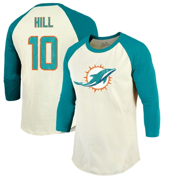 Men's Majestic Threads Tyreek Hill Cream/Aqua Miami Dolphins Vintage Player Name & Number Raglan 3/4-Sleeve T-Shirt