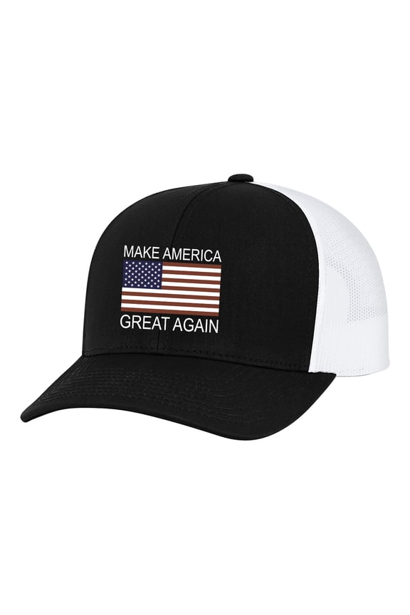 Men's Make America Great Again Donald Trump Embroidered American Flag Trucker Hat, Black/White