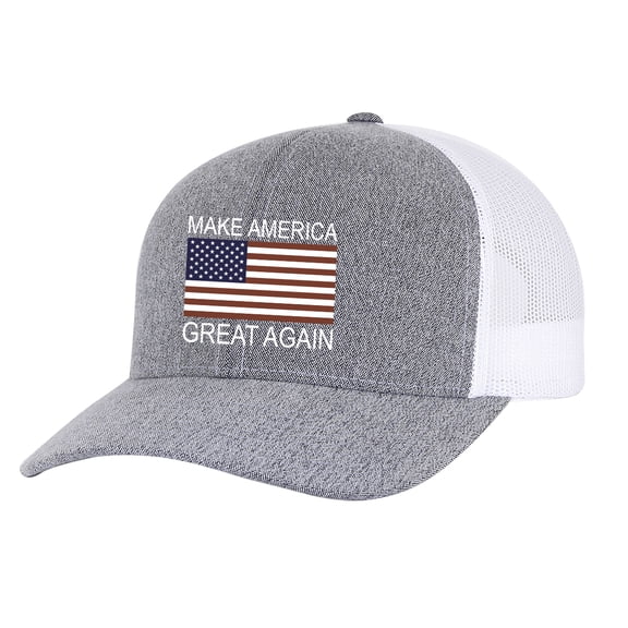 Men's Make America Great Again Donald Trump Embroidered American Flag Trucker Hat, Heather Grey/White