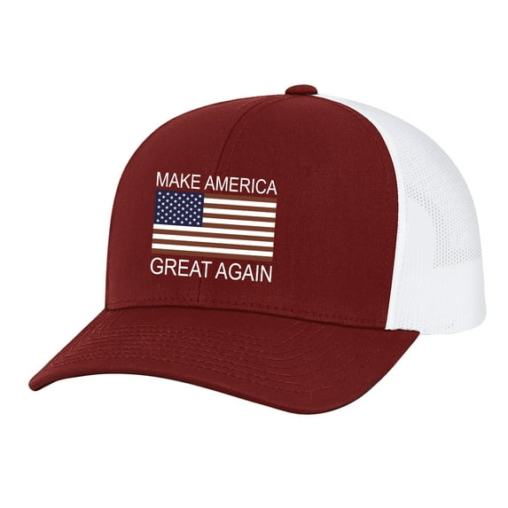 Men's Make America Great Again Donald Trump Embroidered American Flag Trucker Hat, Red/White