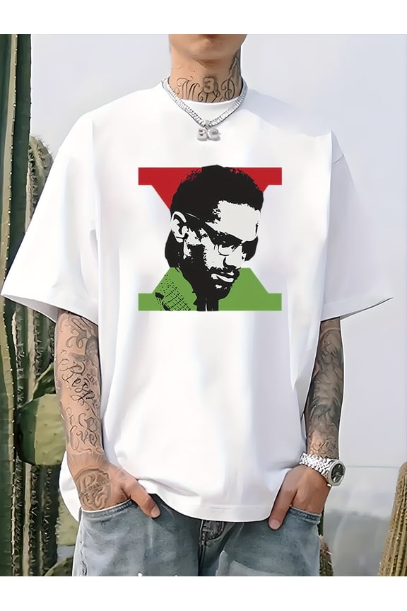 Men's Malcolm X Black History Month T-Shirt - 100% Cotton Relaxed Fit Crew Neck Short Sleeve Shirt with Vibrant Pan-African Colors, Breathable Knit Fabric & Slight Stretch for Casual Wear