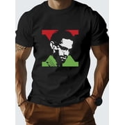 Mens Malcolm X Black History Month T-Shirt - 100% Cotton Relaxed Fit Crew Neck Short Sleeve Shirt with Vibrant Pan-African Colors, Breathable Knit Fabric & Slight Stretch for Casual Wear, Training,