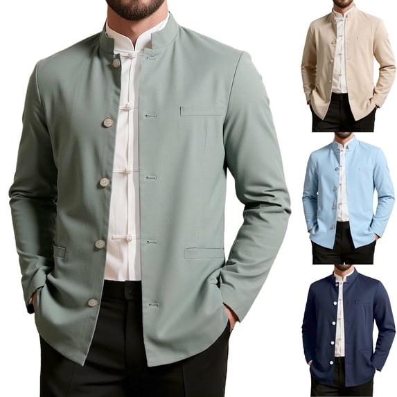 Men's Mandarin Collar Blazer Jacket Casual Stand Collar Nehru Jacket Single Breasted Casual Sport Coat with Pockets for Cruise Travel, Army Green, L
