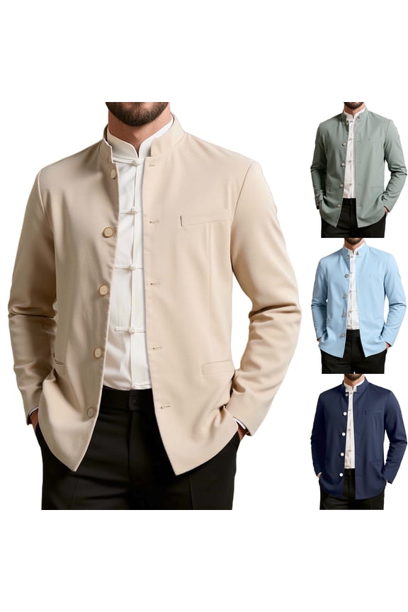 Men's Mandarin Collar Blazer Jacket Casual Stand Collar Nehru Jacket Single Breasted Casual Sport Coat with Pockets for Cruise Travel, Khaki, XS