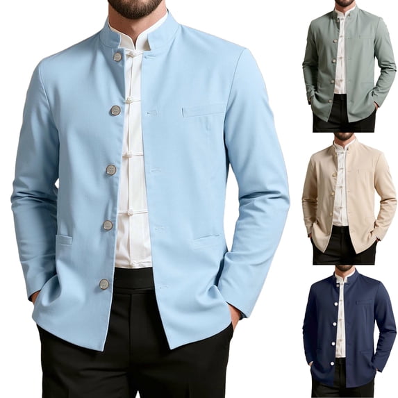 Men's Mandarin Collar Blazer Jacket Casual Stand Collar Nehru Jacket Single Breasted Casual Sport Coat with Pockets for Cruise Travel, Light Blue, M