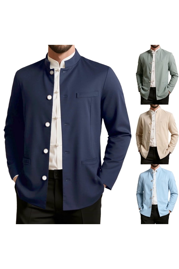 Men's Mandarin Collar Blazer Jacket Casual Stand Collar Nehru Jacket Single Breasted Casual Sport Coat with Pockets for Cruise Travel, Navy, M