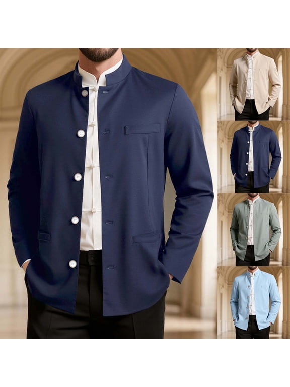Men's Mandarin Collar Button Down Jacket Classic Casual Blazer Coat for Business Meeting Wedding Party Formal