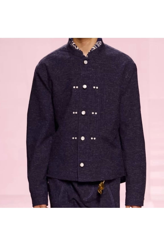 Men's Mandarin Collar Denim Jacket Textured Loose Fit Stud Button Designer Blazer Coat