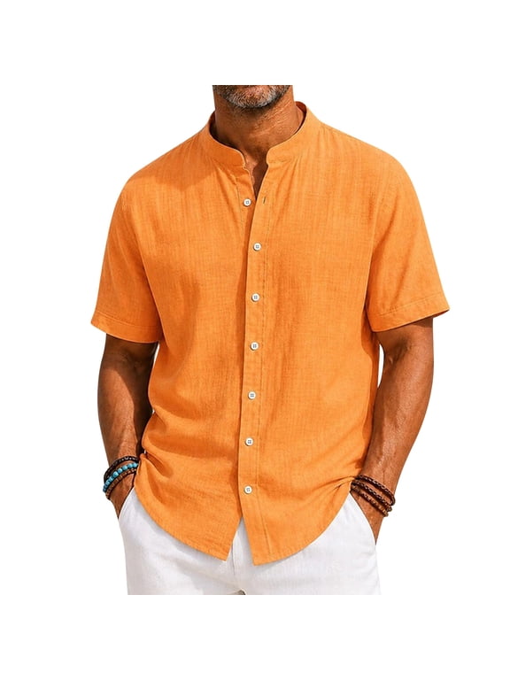Men's Mandarin Collar Short Sleeve Linen Shirt, Solid Color Button Down Casual Summer Blouse, Lightweight Breathable Beach Vacation Tops, 2XL
