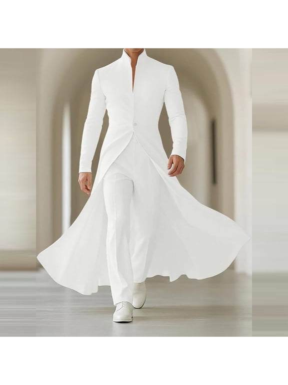 Men's Mandarin Collar Single Button Long Tail Coat Slim Fit Formal Party Maxi Jacket