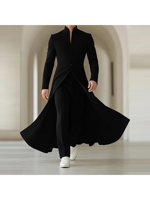 Men's Mandarin Collar Single Button Long Tail Coat Slim Fit Formal Party Maxi Jacket