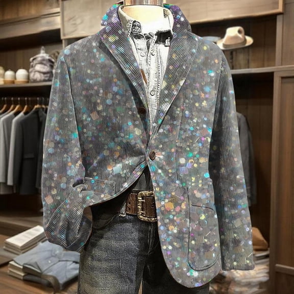 Men's Mar-di Gras Blazer Corduroy Sparkly Sequin Print Holiday Party Jacket Two Button Slim Fit Business Office Blazers with Pockets Plus Size Outwear