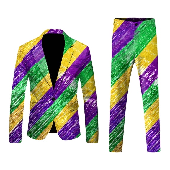 Men's Mardi Gras Festival Long Sleeved Lapel Button Suit Jacket with Fashionable and Fun Carnival Prints, Casual and Stylish Carnival Festival Outfits