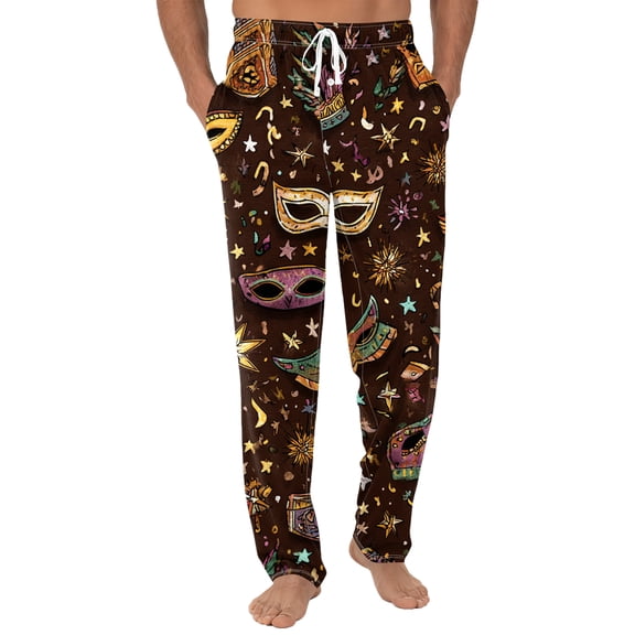 Men’s Mardi Gras Pajama Pants Drawstring Waist Casual Pajama Bottoms with Abstract Print Relaxed Fit Lightweight Soft Trousers Brown L