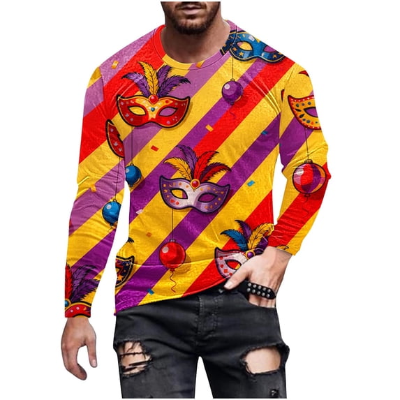 Men's Mardi Gras Shirts Mask Print Festival Crewneck Versatile Style Tshirt Crewneck Long Sleeve Blouse