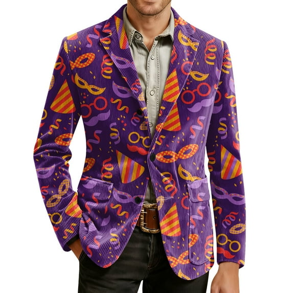 Men's Mardi Gras Vintage Suit Blazer Mask Feather Pattern Corduroy Suit Blazer Jacket Sport Coat