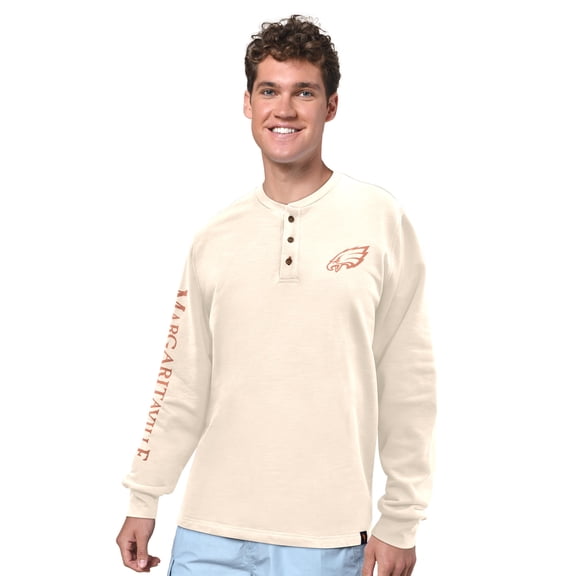 Men's Margaritaville Cream Philadelphia Eagles Five O'Clock Henley Long Sleeve T-Shirt