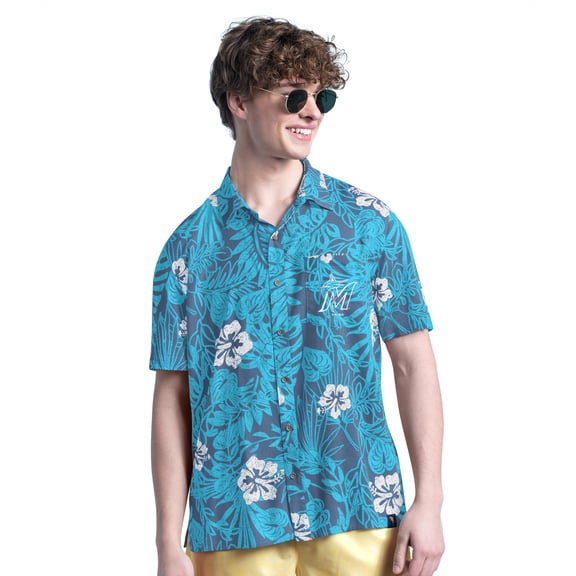 Men's Margaritaville Navy Miami Marlins Palm Shade Party Button-Up Shirt