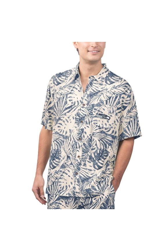 Men's Margaritaville Tan Seattle Seahawks Sand Washed Monstera Print Party Button-Up Shirt