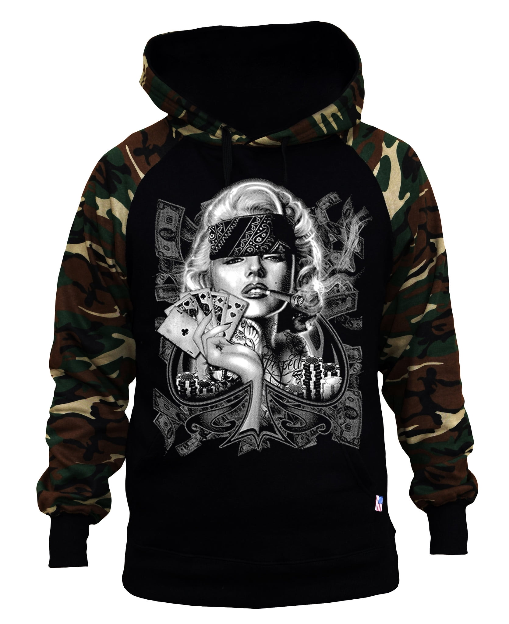 Men s Marilyn Monroe Spade Pose Black Camo Raglan Baseball Hoodie