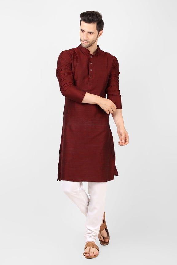 Men's Maroon Color Indian Traditional Wear Tunic Cotton Kurta Pajama Set