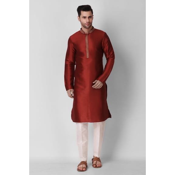 Men's Maroon Color Indian Traditional Wear Tunic Cotton Kurta Pajama Set