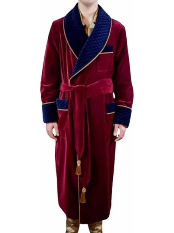 Men's Maroon Long Smoking Jackets Dressing Quilted Gown Robes Christmas Evening Long Robes Coat 