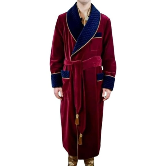 Men's Maroon Long Smoking Jackets Dressing Quilted Gown Robes Christmas Evening Long Robes Coat 