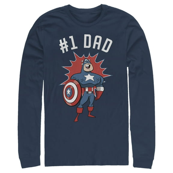 Men's Marvel #1 Dad Cartoon Captain America  Long Sleeve Shirt Navy Blue 2X Large