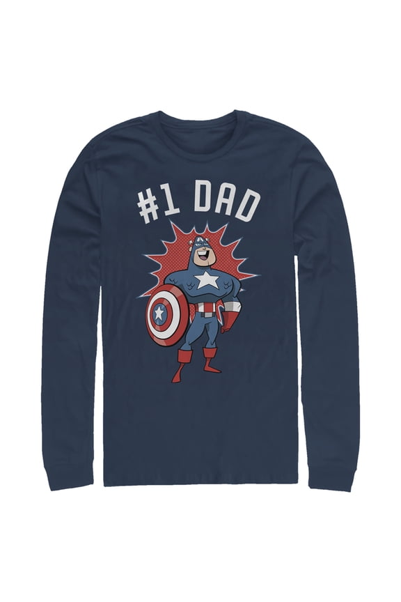 Men's Marvel #1 Dad Cartoon Captain America Long Sleeve Shirt Navy Blue 2X Large