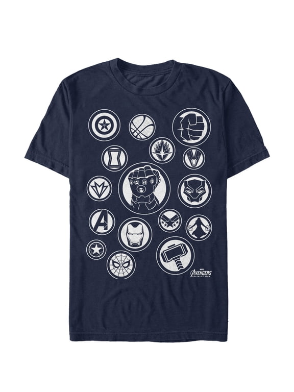 Men's Marvel Avengers: Avengers: Infinity War Character Badges Graphic Tee Navy Blue Large