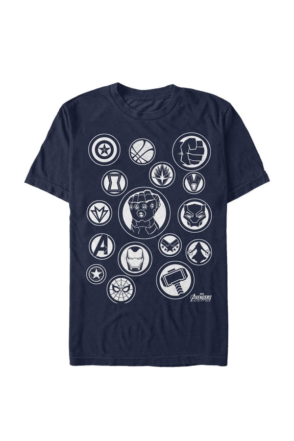 Men's Marvel Avengers: Avengers: Infinity War Character Badges Graphic Tee Navy Blue Large